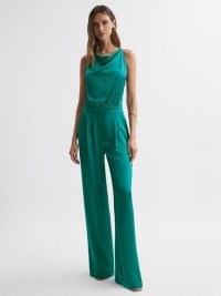 REISS MALIA COWL NECK JUMPSUIT in GREEN ~ sleeveless drape detail jumpsuits ~ silky fluid fabric evening occasion clothes