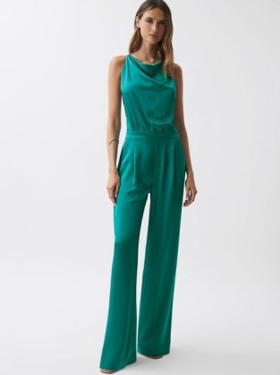 REISS MALIA COWL NECK JUMPSUIT in GREEN ~ sleeveless drape detail jumpsuits ~ silky fluid fabric evening occasion clothes - flipped