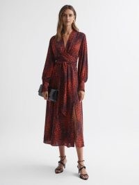 REISS MAYA ANIMAL PRINT BLOUSON SLEEVE MIDI DRESS in RED – women’s floaty printed occasion dresses – feminine event clothing