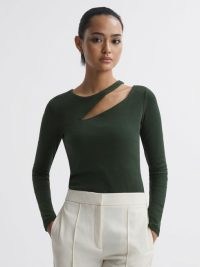 REISS MYLA COTTON CUT-OUT LONG SLEEVE TOP in GREEN ~ chic asymmetric cutout tops ~ women’s stylish contemporary clothing
