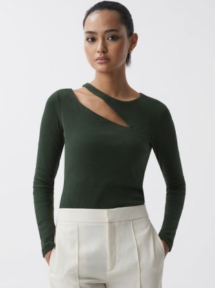 REISS MYLA COTTON CUT-OUT LONG SLEEVE TOP in GREEN ~ chic asymmetric cutout tops ~ women’s stylish contemporary clothing - flipped