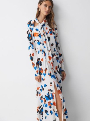 REISS NIYAH PRINTED TIE NECK MIDI DRESS in BLUE – chic printed occasion clothing – asymmetric evening clothes - flipped
