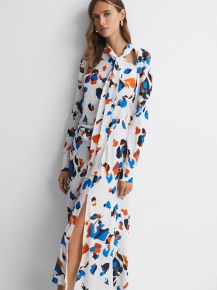 REISS NIYAH PRINTED TIE NECK MIDI DRESS in BLUE – chic printed occasion clothing – asymmetric evening clothes