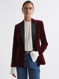 Reiss OPAL FITTED SINGLE BREASTED VELVET SATIN BLAZER RED – women’s luxe evening jackets – womens plush blazers