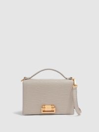 REISS OXFORD GRAINED LEATHER MINI CROSS-BODY BAG in GREY – luxe boxy crossbody – small textured top handle handbag – luxury mini handbags