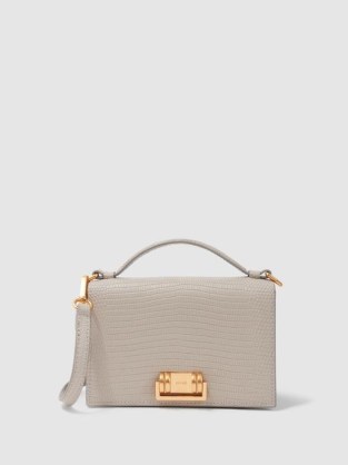 REISS OXFORD GRAINED LEATHER MINI CROSS-BODY BAG in GREY – luxe boxy crossbody – small textured top handle handbag – luxury mini handbags - flipped