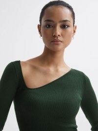 REISS SASHA FITTED RIBBED ASYMMETRIC NECK T-SHIRT in GREEN ~ women’s long sleeve tops with an asymmetrical neckline ~ chic fitted tee ~ contemporary T-shirts