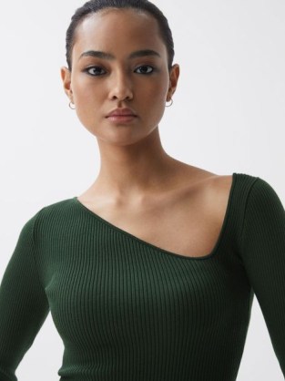REISS SASHA FITTED RIBBED ASYMMETRIC NECK T-SHIRT in GREEN ~ women’s long sleeve tops with an asymmetrical neckline ~ chic fitted tee ~ contemporary T-shirts - flipped