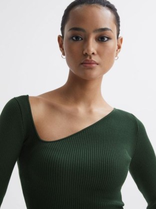 REISS SASHA FITTED RIBBED ASYMMETRIC NECK T-SHIRT in GREEN ~ women’s long sleeve tops with an asymmetrical neckline ~ chic fitted tee ~ contemporary T-shirts