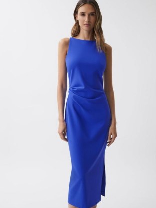 REISS SCARLETT BODYCON BOAT NECK MIDI DRESS in BLUE – chic sleeveless dresses - flipped