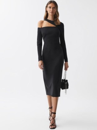 REISS TIFFANY BODYCON OFF-THE-SHOULDER MIDI DRESS in Black – asymmetric cut out occasion dresses – très chic date night clothing – sophisticated cutout special event fashion - flipped