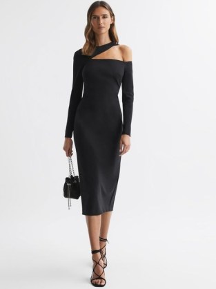 REISS TIFFANY BODYCON OFF-THE-SHOULDER MIDI DRESS in Black – asymmetric cut out occasion dresses – très chic date night clothing – sophisticated cutout special event fashion
