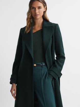 REISS TOR RELAXED WOOL SINGLE BREASTED BELTED COAT in GREEN ~ women’s chic understated winter coats
