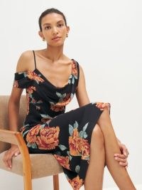 Reformation Reya Dress in Consuelo / black strappy floral print evening dresses / draped asymmetric neckline / cowl neck occasion fashion