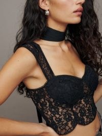 Reformation Rina Top in Black – semi sheer fitted bodice crop tops – cropped lace bustier – feminine evening fashion