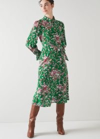 L.K. BENNETT Rita Green Naive Floral Print Silk Dress / silky ladylike collared shirt dresses / women’s luxury clothing / luxe vintage inspired clothes