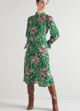 L.K. BENNETT Rita Green Naive Floral Print Silk Dress / silky ladylike collared shirt dresses / women’s luxury clothing / luxe vintage inspired clothes - flipped
