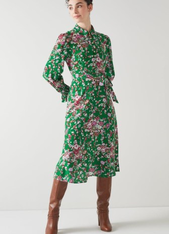 L.K. BENNETT Rita Green Naive Floral Print Silk Dress / silky ladylike collared shirt dresses / women’s luxury clothing / luxe vintage inspired clothes