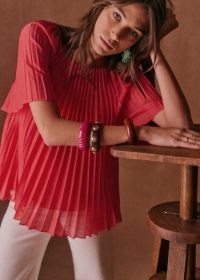 Sezane ROMY BLOUSE in Poppy ~ red semi sheer blouses ~ floaty short sleeve pleated top