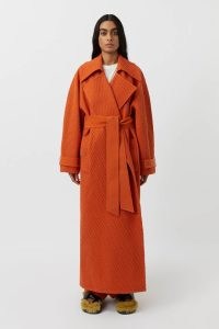 CAMILLA AND MARC Rosalind Textured Midi Coat in Orange – women’s luxury oversized tie waist coats – bright longline self belted winter outerwear