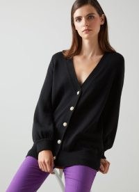 L.K. Bennett Rosy Black Cotton and Sustainably Sourced Merino Long Cardigan | women’s oversized longline V-neck cardigans