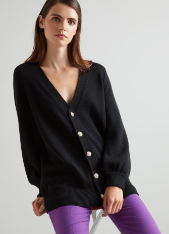L.K. Bennett Rosy Black Cotton and Sustainably Sourced Merino Long Cardigan | women’s oversized longline V-neck cardigans - flipped