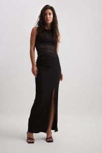 NA-KD Rouched Maxi Skirt in Black | chic long length straight cut skirts | slit hem detail | wardrobe staples