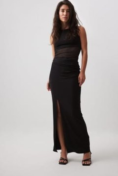NA-KD Rouched Maxi Skirt in Black | chic long length straight cut skirts | slit hem detail | wardrobe staples - flipped