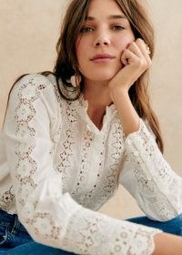 Sezane RYM SHIRT in Ecru ~ romantic lace trim shirts ~ feminine cut out detail blouse ~ gathered high collar button down top