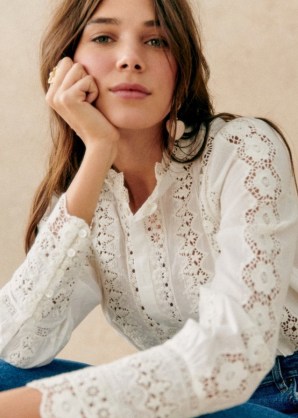 Sezane RYM SHIRT in Ecru ~ romantic lace trim shirts ~ feminine cut out detail blouse ~ gathered high collar button down top - flipped