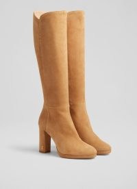 L.K. BENNETT Samira Sand Suede Platform Knee-High Boots ~ 70s inspired block heel winter boot ~ women’s luxury retro style footwear
