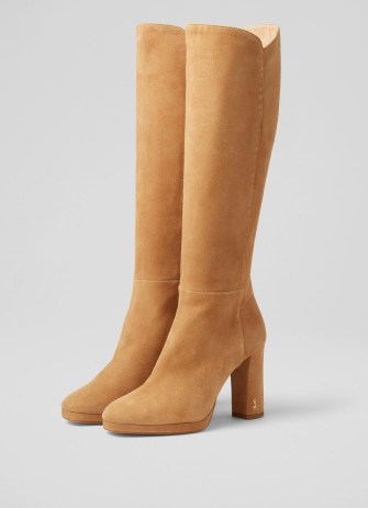 L.K. BENNETT Samira Sand Suede Platform Knee-High Boots ~ 70s inspired block heel winter boot ~ women’s luxury retro style footwear - flipped