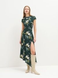Reformation Sanvi Dress in Portia / green floral asymmetric hemline dresses / thigh high slit