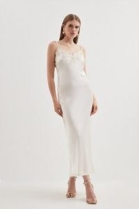 KAREN MILLEN Satin Lace Woven Midi Dress in Ivory – luxe style slip dresses