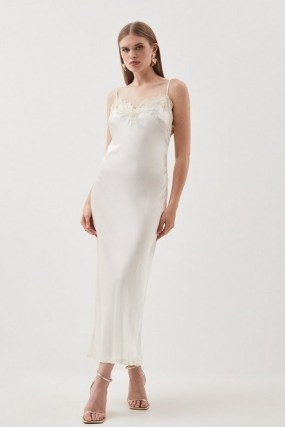 KAREN MILLEN Satin Lace Woven Midi Dress in Ivory – luxe style slip dresses - flipped