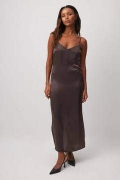 NA-KD Satin Slip Dress in Brown | silky cami strap dresses - flipped