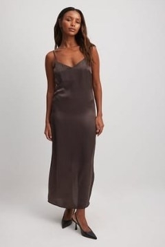 NA-KD Satin Slip Dress in Brown | silky cami strap dresses