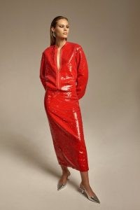 Karen Millen Sequin Woven Maxi Skirt in Red | straight fit sequinned skirts | vibrant occasion clothing