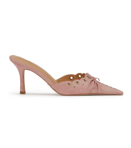 TONY BIANCO Shae Blossom Suede Heels ~ pink pointed eyelet detail mules - flipped