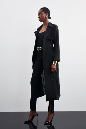 Karen Millen Sheer Panel Detailed Belted Trench Coat in Black | women’s chic autumn coats - flipped