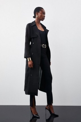 Karen Millen Sheer Panel Detailed Belted Trench Coat in Black | women’s chic autumn coats