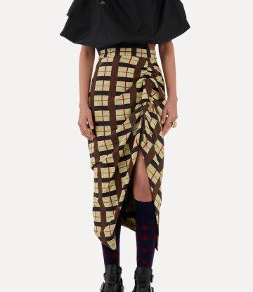 VIVIENNE WESTWOOD SIDE PANTHER SKIRT in Multi / asymmetrical check print skirts / edgy asymmetric fashion / gathered detail clothing / women’s organic cotton clothes - flipped