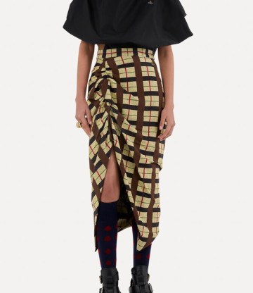 VIVIENNE WESTWOOD SIDE PANTHER SKIRT in Multi / asymmetrical check print skirts / edgy asymmetric fashion / gathered detail clothing / women’s organic cotton clothes