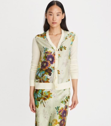 TORY BURCH SILK FRONT CARDIGAN Purple Traditional Floral | feminine knits | women’s luxe printed cardigans