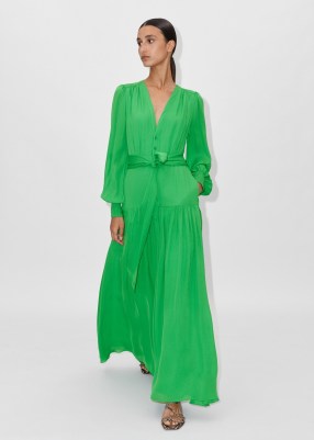 ME and EM Silk Statement V-Neck Maxi Dress + Belt in Rainforest Green ~ flowing long length dresses ~ women’s luxury clothing ~ feminine fashion ~ chic clothes - flipped