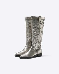 RIVER ISLAND SILVER LEATHER WESTERN BOOTS ~ women’s metallic pointed toe cowboy boot