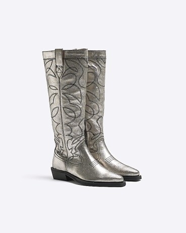 RIVER ISLAND SILVER LEATHER WESTERN BOOTS ~ women’s metallic pointed toe cowboy boot - flipped