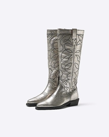 RIVER ISLAND SILVER LEATHER WESTERN BOOTS ~ women’s metallic pointed toe cowboy boot