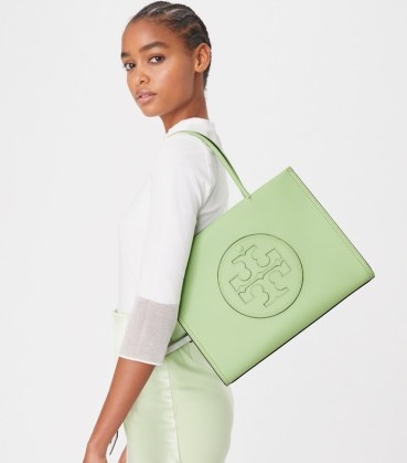 TORY BURCH SMALL ELLA BIO TOTE in Mint Leaf ~ luxury shoulder bags made with bio based materials ~ light green designer handbags - flipped