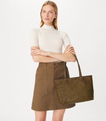 Tory Burch SMALL EVER-READY ZIP TOTE in CHOCOLATE ~ dark brown water resistant coated canvas bags - flipped